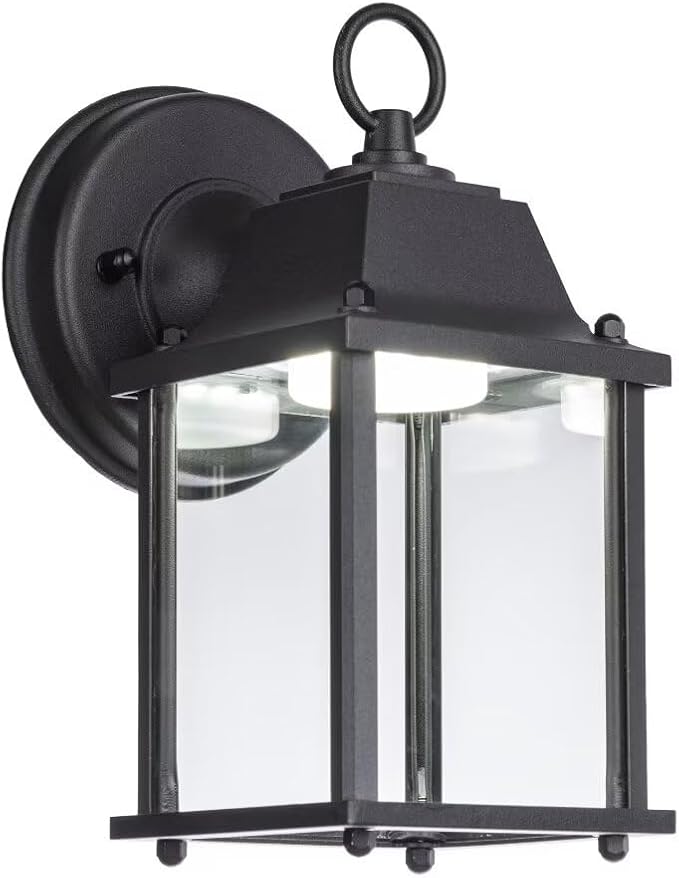 LIT-PaTH Outdoor LED Wall Lantern, Wall Sconce as Porch Lighting Fixture, 5000K Daylight White, 9.5W 800 Lumen, Aluminum Housing Plus Glass, Black Finish, 2-Pack