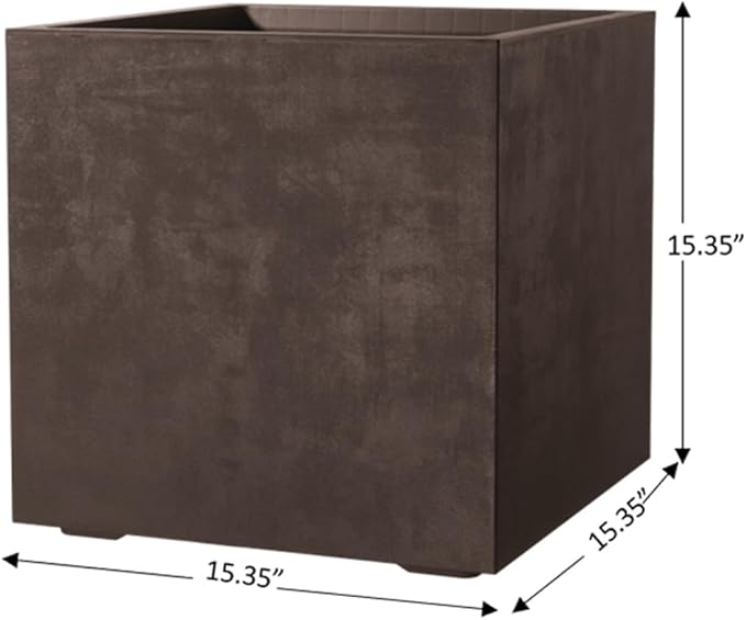 Deroma Millennium 15” Cube Planter | Light & Durable Plastic | Indoor or Outdoor Square Pot for Patio/Porch | Includes Water Reserve & Drain Plug | Trendy Planter for Plants, Flowers, Garden | Brown