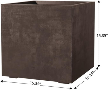 Deroma Millennium 15” Cube Planter | Light & Durable Plastic | Indoor or Outdoor Square Pot for Patio/Porch | Includes Water Reserve & Drain Plug | Trendy Planter for Plants, Flowers, Garden | Brown
