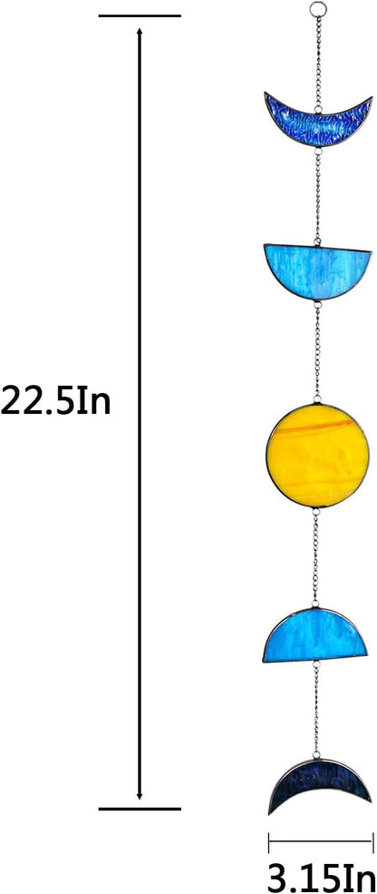 Celestial Blue Stained Glass Sun and Moon Window Hanging Handmade Stained Glass Suncatcher Boho Home Decor Sun Catcher for Indoor Window Panel Mystic Gift for Women