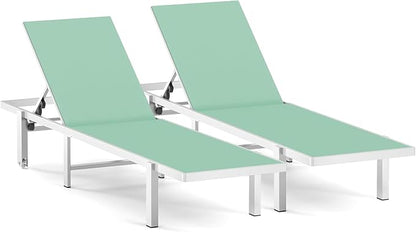 Patio Chaise Lounge Chair Set of 2, Outdoor Lounge Chairs with Wheels, 5-Position Adjustable Sun Loungers for Pool, Deck, Beach, Light Green