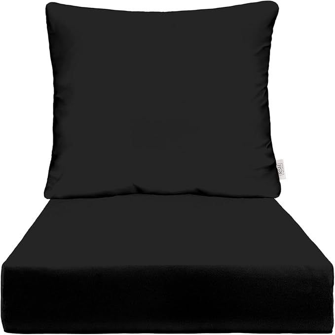 RSH DECOR: Deep Seating Cushion with Pillow Back | 24” x 27” Seat | All-Weather Spun Fabric | Water and Fade-Resistant | Outdoor Chair Cushion Set for Patio Furniture | Black