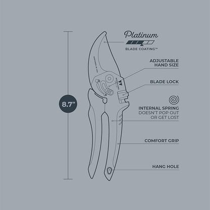 Woodland Tools Co. Heavy Duty Bypass Pruning Shears – 5/8" Cut Capacity, High Carbon Steel Blade, Internal Spring, Adjustable Grip Slider, Garden Hand Pruner for Plants, Shrubs, and Live Stems