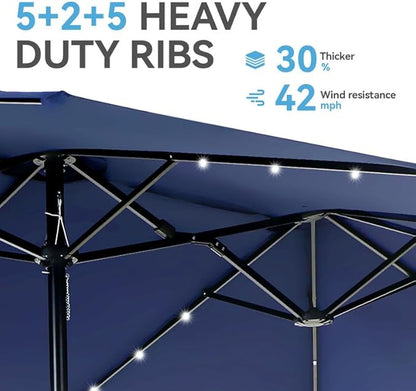 GREEN PARTY 15 ft Rectangle Patio Umbrella with Solar Lights and Base Included, Double-Sided Market Table Umbrella with Crank, Large Outdoor Umbrellas for Patio Poolside Garden Backyard, Navy Blue