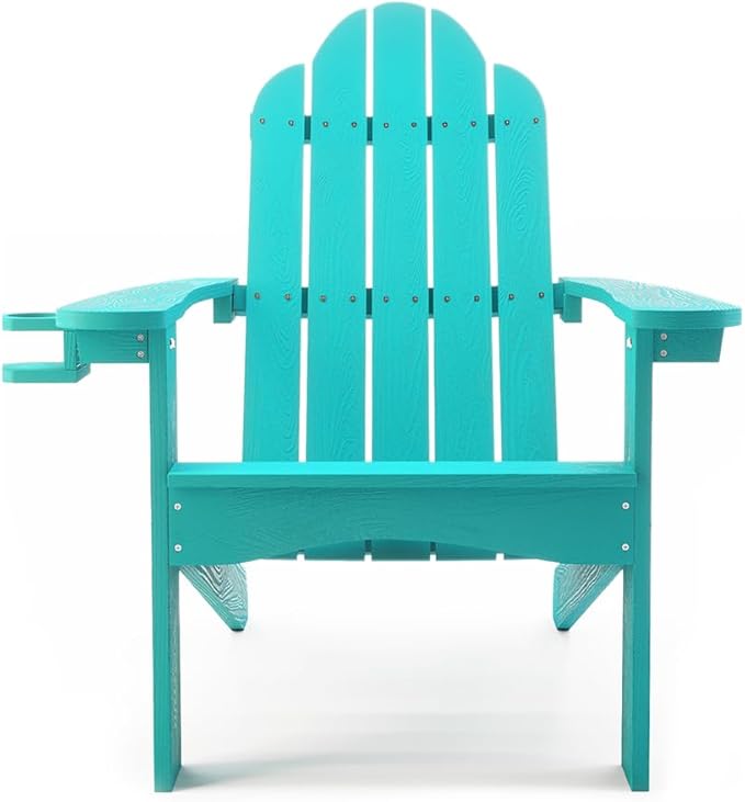 LUE BONA HDPS Adirondack Chairs Set of 4, Fire Pit Outdoor Chair Weather Resistant with Cup Holder, Modern Plastic Chair Plastic for Patio, Deck, Proch, 350LBS, Aruba Blue