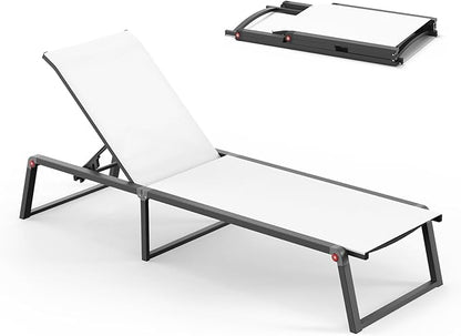 Aluminum Chaise Lounge Chair Outdoor, Foldable & Assembly Free Patio Pool Lounge Chairs 5-Position Recliner for Outside Poolside, Fully Grounded Legs Sun Lounger for Beach, Yard, White