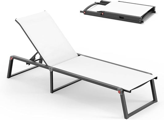 Aluminum Chaise Lounge Chair Outdoor, Foldable & Assembly Free Patio Pool Lounge Chairs 5-Position Recliner for Outside Poolside, Fully Grounded Legs Sun Lounger for Beach, Yard, White