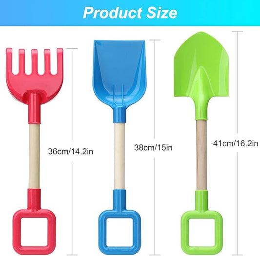Dilabnba 16'' Kids Beach Shovels Sand Spades Toys Garden Tools, Wood Handle ABS Plastic Spade Rake Scoop for Digging Sandbox Gardening Snow Backyard Summer Outdoor Toy 3-Pack, Blue/Green/Red