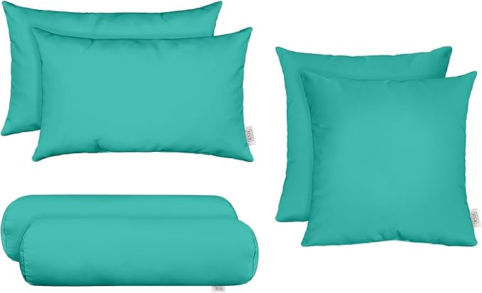 RSH DECOR: 6-Pack Sunbrella Pillow Set | Water & Fade-Resistant | 17" Square, 20" x 12" Lumbar, 20" x 6" Neck Roll | Outdoor Pillows for Patio Furniture | Canvas Aruba