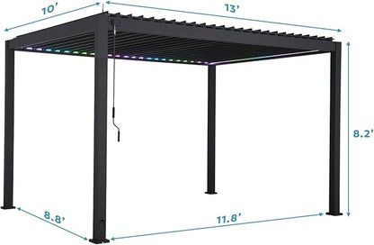 MIRADOR 111S LED Louvered Pergola Gazebo, 10Ft x 13Ft, Integrated LED Strip Lights, Full Aluminum Frame, Adjustable Roof, Outdoor, Durable, Charcoal