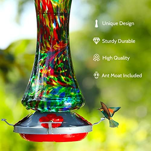 Glass Hummingbird Feeder for Outdoors: Leak Proof Hanging Hummingbirds Present for Women - Ant Moat & Hang Hook Included, Metal Base with 4 Feeding Ports & Perch, 20 Fluid Oz, Best Garden Decor