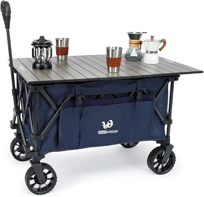 Whitsunday Folding Collapsible Utility Wagon, 400Lbs Heavy Duty Outdoor Park Beach Wagon with Table and Side Pocket for Garden Camping Sports Shopping Dark Blue