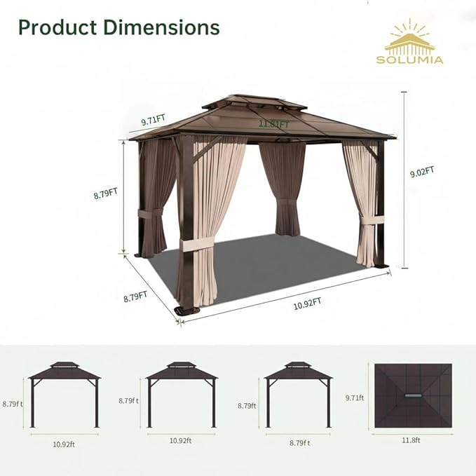 10x12 Hardtop Gazebo with Curtains and Netting, Double Roof Polycarbonate Canopy, Heavy-Duty Aluminum Frame – All-Weather, UV & Rust Resistant for Patio, Garden, and Deck