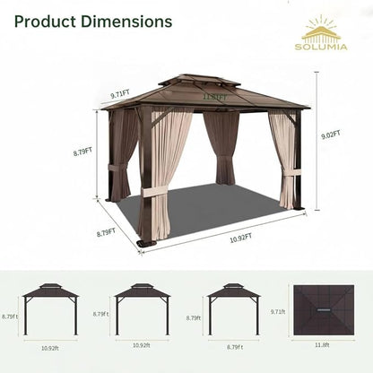 10x12 Hardtop Gazebo with Curtains and Netting, Double Roof Polycarbonate Canopy, Heavy-Duty Aluminum Frame – All-Weather, UV & Rust Resistant for Patio, Garden, and Deck