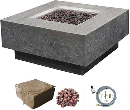Elementi | Manhattan Gas Fire Pit Cast Concrete 36" Square Fire Table, Outdoor Fire Pit Electronic Ignition | Canvas Cover, Lava Rock Included | Light Gray (Natural Gas)