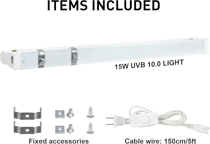 Hypool T8 Strip UVB UVA Reptile Lighting Fixture with 18-Inch 15 Watt UVB 10.0 Fluorescent Bulb Combo Kit, 10-Percent UVB Desert Pet Habitat Light for Reptiles Amphibian, 1 Pack, White