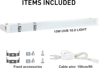 Hypool T8 Strip UVB UVA Reptile Lighting Fixture with 18-Inch 15 Watt UVB 10.0 Fluorescent Bulb Combo Kit, 10-Percent UVB Desert Pet Habitat Light for Reptiles Amphibian, 1 Pack, White