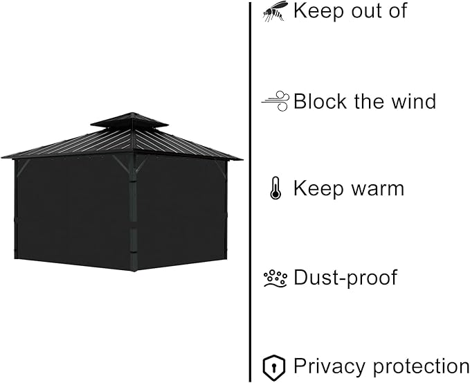 Gazebo Universal Replacement Privacy Curtain, 12'X12' Gazebo Curtains Outdoor Waterproof, 4-Panels Sidewall with Zipper for Patio, Garden and Backyard (Only Curtains, 12'X12', Black)