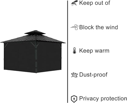 Gazebo Universal Replacement Privacy Curtain, 10'X12' Gazebo Curtains Outdoor Waterproof, 4-Panels Sidewall with Zipper for Patio, Garden and Backyard (Only Curtains, 10'X12', Black)