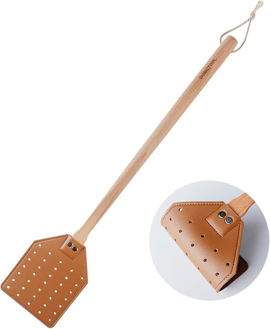 Leather Fly Swatter - Heavy Duty Manual Fly Swatter with Wood Handle, Durable Leather Fly Swatter for Indoor and Outdoor Use (Brown)