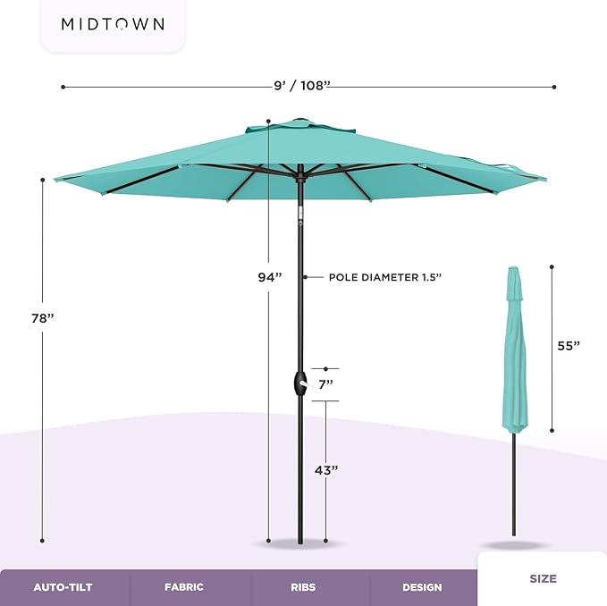 Midtown Umbrellas Sunbrella Umbrella 9 Feet Outdoor Umbrella With Heather Tan Acrylic Fabric - Auto-Tilt Aluminum Frame Patio Umbrella For Backyard, Deck, Garden, Pool - Black Pole