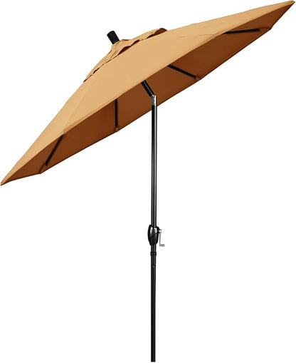 California Umbrella 9' Round Aluminum Market Umbrella, Crank Lift, Push Button Tilt, Black Pole, Sunbrella Wheat