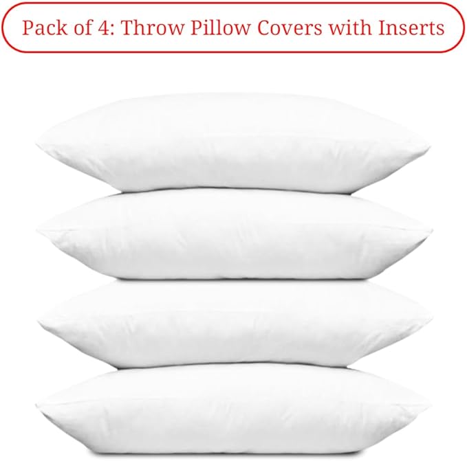 Covers & All Premium Rectangle ThrowPillow Inserts with Covers Set of 4, 12 x 20 Inches White, Decorative Cushions for Couch Sofa Home Decor Office Travel UV Resistant Waterproof Soft Cushions Pillows