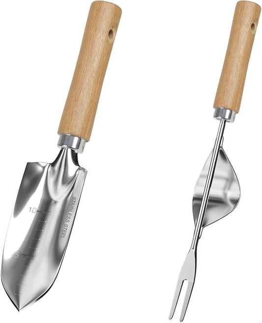LeMotech Garden Tool Set, 2Pcs Gardening Hand Tools, Stainless Steel Transplant Shovel and Weeder with Handle, Outdoor Gardening Kit for Women Men