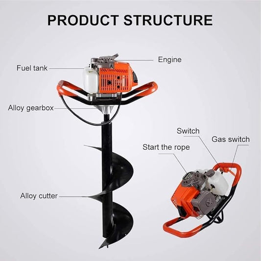 85cc Post Hole Digger 2-Stroke Petrol Gas Powered Earth Digger with 3 Auger Bits (4" 8" 12") + 2 Extension Bar (24" 24") for Farm Garden Plant Fence and Planting