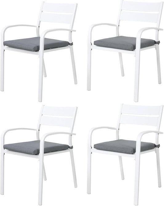 Soleil Jardin Outdoor Aluminum 4-Piece Patio Dining Chairs with Cushions, Stackable Bistro Chairs for Balcony, Garden, Backyard, White Finish & Grey Cushion