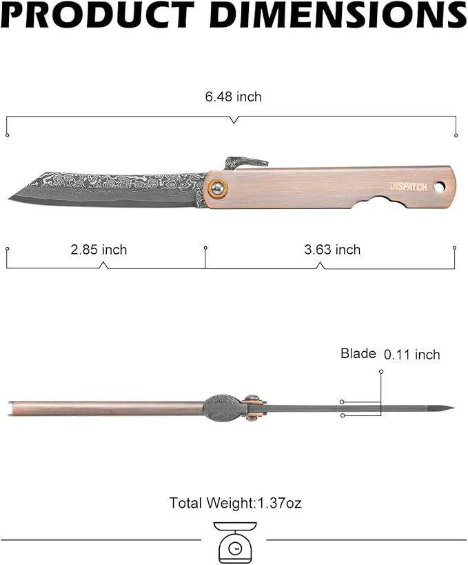 EDC Folding Knife, 2.8" Full Panel Plain Edge Blade, Non-Locking Pocket Knife Features Cloud Pattern Damascus Steel Blade & Red Bronze Electroplated Handle, Includes Black PU Sheath