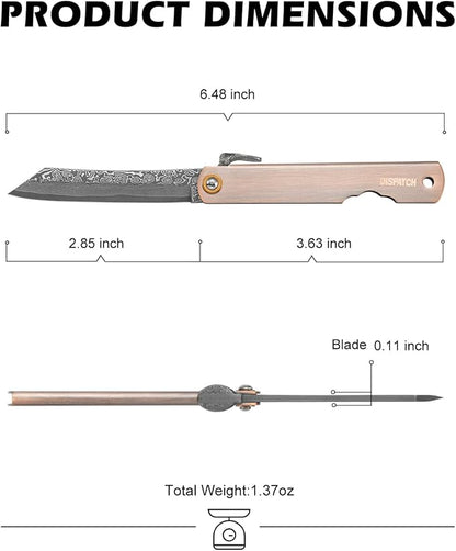 EDC Folding Knife, 2.8" Full Panel Plain Edge Blade, Non-Locking Pocket Knife Features Cloud Pattern Damascus Steel Blade & Red Bronze Electroplated Handle, Includes Black PU Sheath
