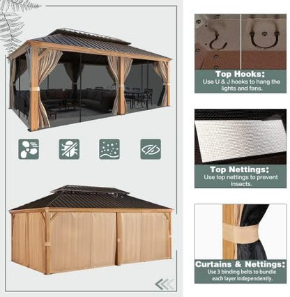 MELLCOM 12' x 20' Hardtop Gazebo, Wood Grain Aluminum Frame Outdoor Gazebo with Galvanized Steel Double Roof, Permanent Metal Pavilion with Curtains and Nettings for Patios, Gardens and Lawns