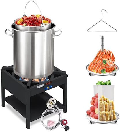ARC 40QT Seafood Boiling Kit, 200,000BTU Propane Burner Stainless Steel Crawfish Boil Pot w/Basket and Steamer Rack, For Outdoors Cooking and Steaming, Large Turkey Fryer Pot, Lobster Shrimp Pot