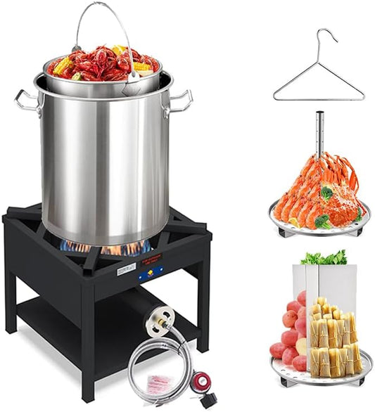 ARC 40QT Seafood Boiling Kit, 200,000BTU Propane Burner Stainless Steel Crawfish Boil Pot w/Basket and Steamer Rack, For Outdoors Cooking and Steaming, Large Turkey Fryer Pot, Lobster Shrimp Pot