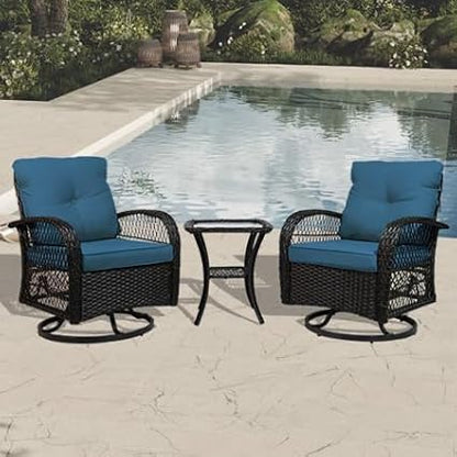 Patio Furniture Set Swivel Rocker, Outdoor Patio Chairs, 3 Piece Suit Porch Furniture Rocking Set, Backyard and Garden Rocker Rattan Chair, with Thickened Cushions and Glass Coffee Table(Navy)