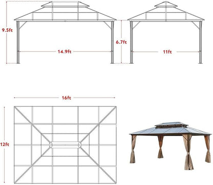 MELLCOM 12'x16' Hardtop Gazebo with Polycarbonate Double Roof, Aluminum Frame Outdoor Gazebos with Curtains and Netting for Garden, Lawn and Patio