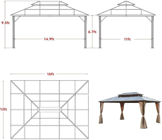 MELLCOM 12'x16' Hardtop Gazebo with Polycarbonate Double Roof, Aluminum Frame Outdoor Gazebos with Curtains and Netting for Garden, Lawn and Patio
