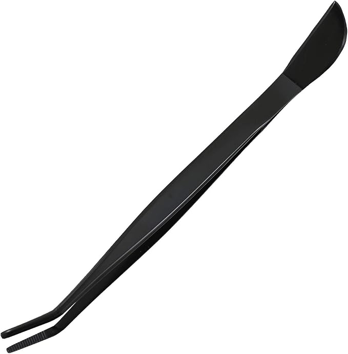 Wazakura Bonsai Curved Tip Tweezer with Spatula MADE IN JAPAN 8.6in(220mm) Stainless Steel Black Coated - Black