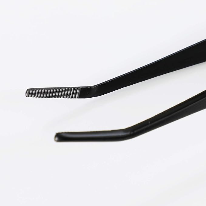 Wazakura Bonsai Curved Tip Tweezer with Spatula MADE IN JAPAN 8.6in(220mm) Stainless Steel Black Coated - Black