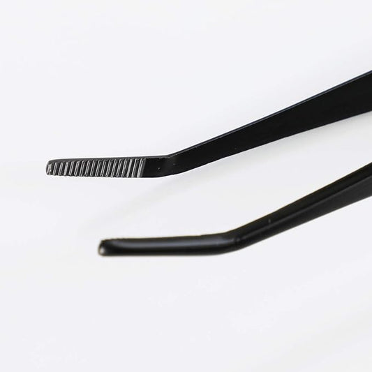 Wazakura Bonsai Curved Tip Tweezer with Spatula MADE IN JAPAN 8.6in(220mm) Stainless Steel Black Coated - Black