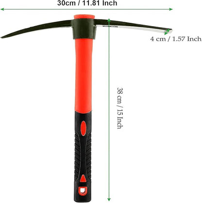 15 Inch Pick Mattock Hoe, Forged Steel Weeding Pick Axe with Fiberglass Long Handle Garden Tool for Digging, Gardening, Camping, Prospecting, Construction Work