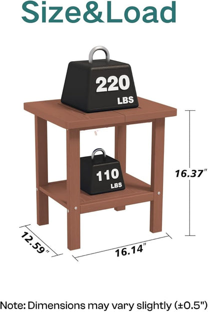 Kingdura Adirondack Outdoor Side Table, 16 x 13 Inches HDPE Plastic Outside End Tables for Patio Pool Porch Backyard Indoor, 2 Tiers Storage Shelf, All Weather Resistant, Easy Maintenance (Brown)