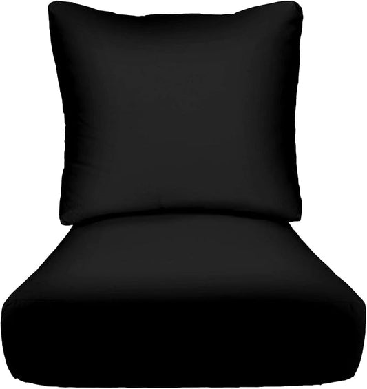 RSH DECOR Deep Seating Cushion with Pillow Back | 24” x 26” x 5" Seat | Water and Fade-Resistant Spun Fabric | Made in USA | Outdoor Chair Cushion Set for Patio Furniture (Black)