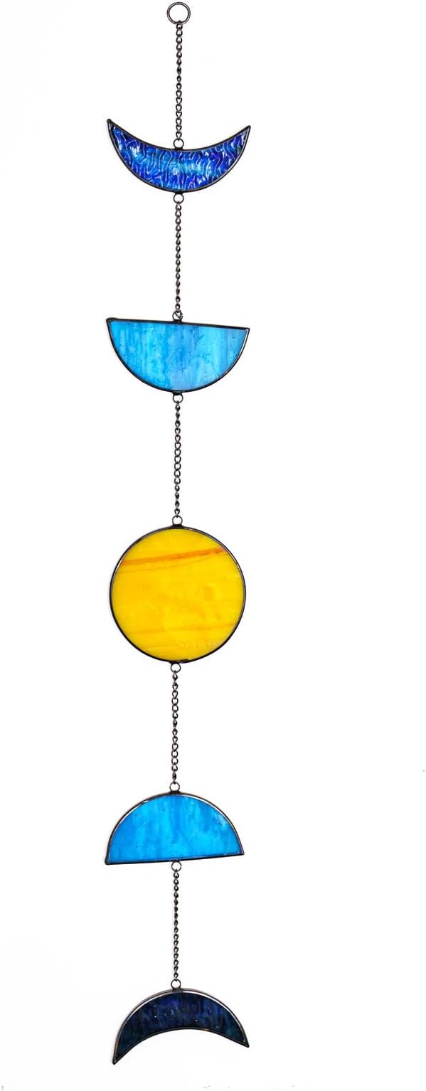 Celestial Blue Stained Glass Sun and Moon Window Hanging Handmade Stained Glass Suncatcher Boho Home Decor Sun Catcher for Indoor Window Panel Mystic Gift for Women