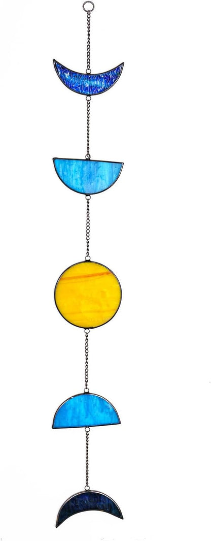 Celestial Blue Stained Glass Sun and Moon Window Hanging Handmade Stained Glass Suncatcher Boho Home Decor Sun Catcher for Indoor Window Panel Mystic Gift for Women