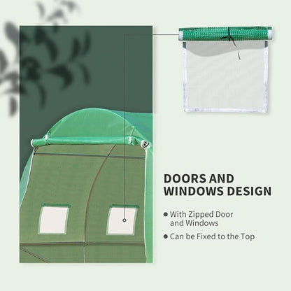 Outsunny 10' x 10' x 6.5' Walk-in Tunnel Hoop Greenhouse, Polyethylene PE Cover, Steel Frame, Roll-Up Zipper Door & Windows for Flowers, Vegetables, Tropical Plants, Green