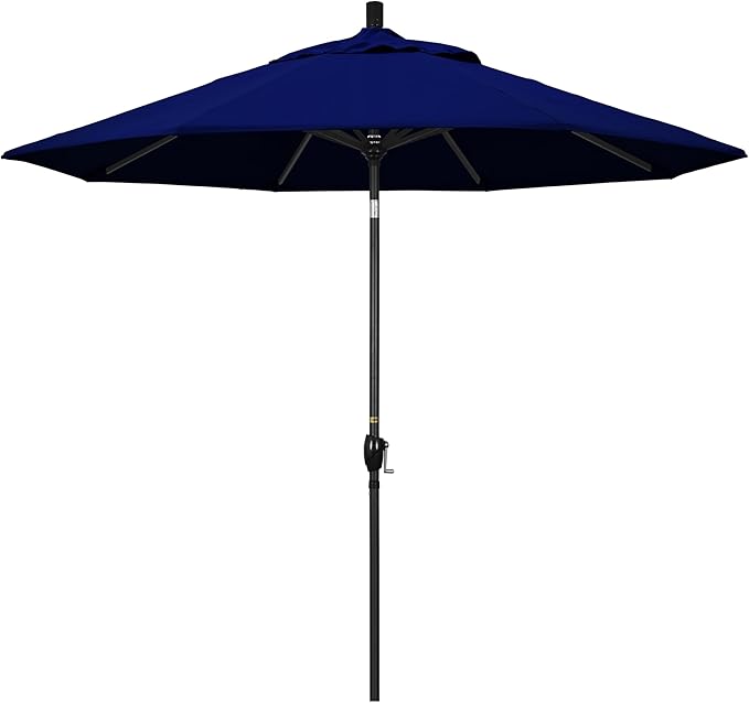 California Umbrella 9' Rd Pacific Trail Series Aluminum Patio Umbrella, Crank Lift, Push Button Tilt, Black Finish, Sunbrella True Blue Fabric