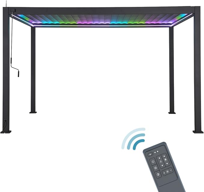 MIRADOR 111S LED Louvered Pergola Gazebo, 10Ft x 13Ft, Integrated LED Strip Lights, Full Aluminum Frame, Adjustable Roof, Outdoor, Durable, Charcoal