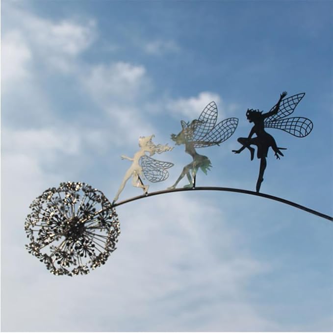 Flower Fairy Dancing with Dandelion Garden Art Sculpture Stainless Steel Statue Christmas Halloween Decoration for Outdoor Yard Courtyard Lawn Patio Metal Ornaments (Three Persons)